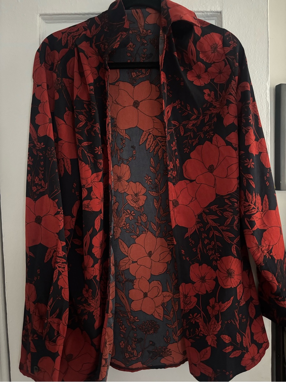 70s Inspired Black & Red Floral Button-Up Shirt Jacket